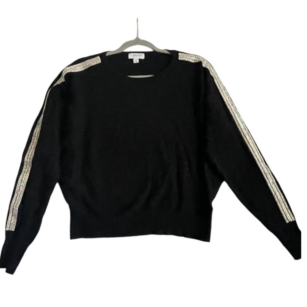 Carmen Marc Valvo Rhinestone Embellished Black Sweater, Women's XL, silver bling